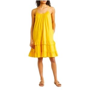 Caslon Stripe Ruffle Linen Blend Sun Dress. Yellow Cream. Size Medium